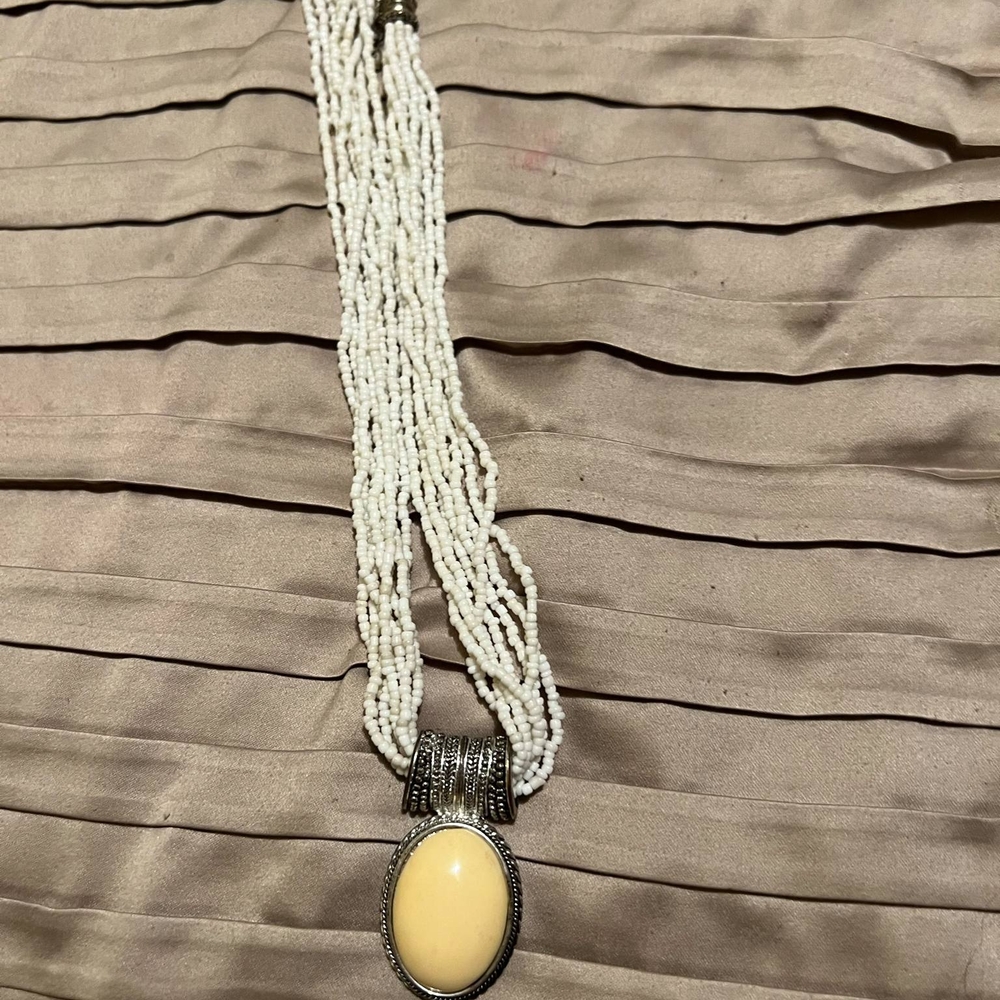 Cream and White Multi-Strand Necklace with Vintage Pendant